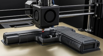 Primer plano de una impresora 3D con filamento rojo extrayendo material sobre una pistola de plástico negro que se está fabricando en una plataforma.