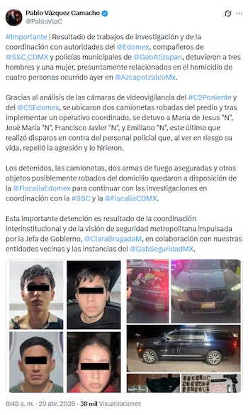 Un collage muestra cuatro retratos de personas con los ojos cubiertos, dos camionetas aseguradas y objetos como armas y paquetes de droga