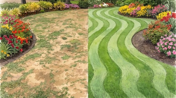 Ilustración acuarela de un jardín dividido: a la izquierda, césped seco y flores; a la derecha, césped verde con patrón de corte y flores.