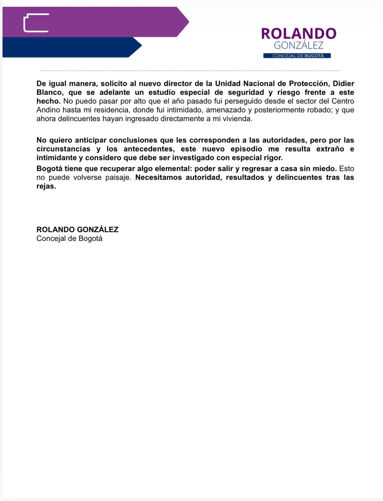 Rolando González pidió que las autoridades investiguen las circunstancias de ambos episodios - crédito @RolandoGonGa/X