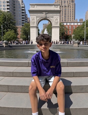 Un joven con polo morado con las letras NYU posa sentado frente a una fuente y un arco de triunfo en un parque urbano