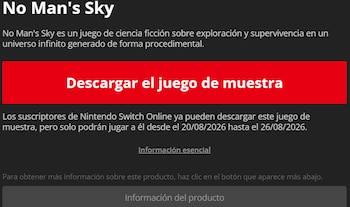 Pantalla con título No Man's Sky, descripción del juego, botón Descargar el juego de muestra, y texto de disponibilidad para Nintendo Switch Online