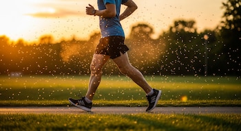 Persona con camiseta azul y pantalón corto negro corre por un camino al atardecer. Una nube de mosquitos la rodea. El sol bajo ilumina el césped y los árboles.