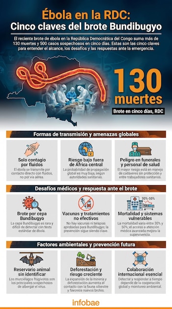 Gráfico informativo sobre o surto de Bundibugyo Ebola na RDC, mostrando pessoas infectadas, equipe médica, um mapa do Congo e dados básicos sobre transmissão, sintomas e prevenção.