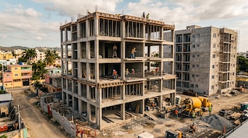 Estructura de hormigón en construcción con obreros, un camión hormigonera y viviendas alrededor bajo un cielo parcialmente nublado.