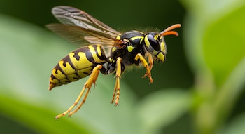 Un primer plano macro de una avispa chaqueta amarilla en vuelo con sus patas extendidas y alas translúcidas, sobre un fondo verde suave y borroso.