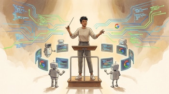 Ilustración de un ingeniero de pie en un podio, dirigiendo un semicírculo de pequeños robots y pantallas con código y el logo de Google; líneas de circuito en el fondo.