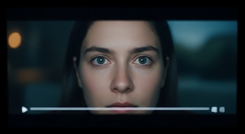 Rostro de mujer joven con ojos claros mirando al frente, enmarcado en una pantalla. En la parte inferior, una barra de reproducción de video con el botón de 'play' y el tiempo '00:03'.