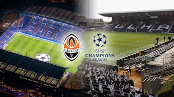 Estadios de fútbol con 'CHELSEA' y 'FULHAM' en los asientos; uno de noche, otro de día. Logotipos de FC Shakhtar Donetsk y UEFA Champions League.
