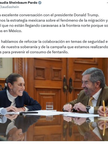 La presidenta informó de su llamada en su cuenta en X: Crédito: X/@Claudiashein