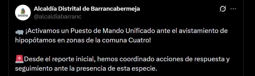 Barrancabermeja convocó un Puesto de Mando Unificado tras nuevos avistamientos de hipopótamos en distintos puntos del municipio - crédito @alcaldiabarranc / X