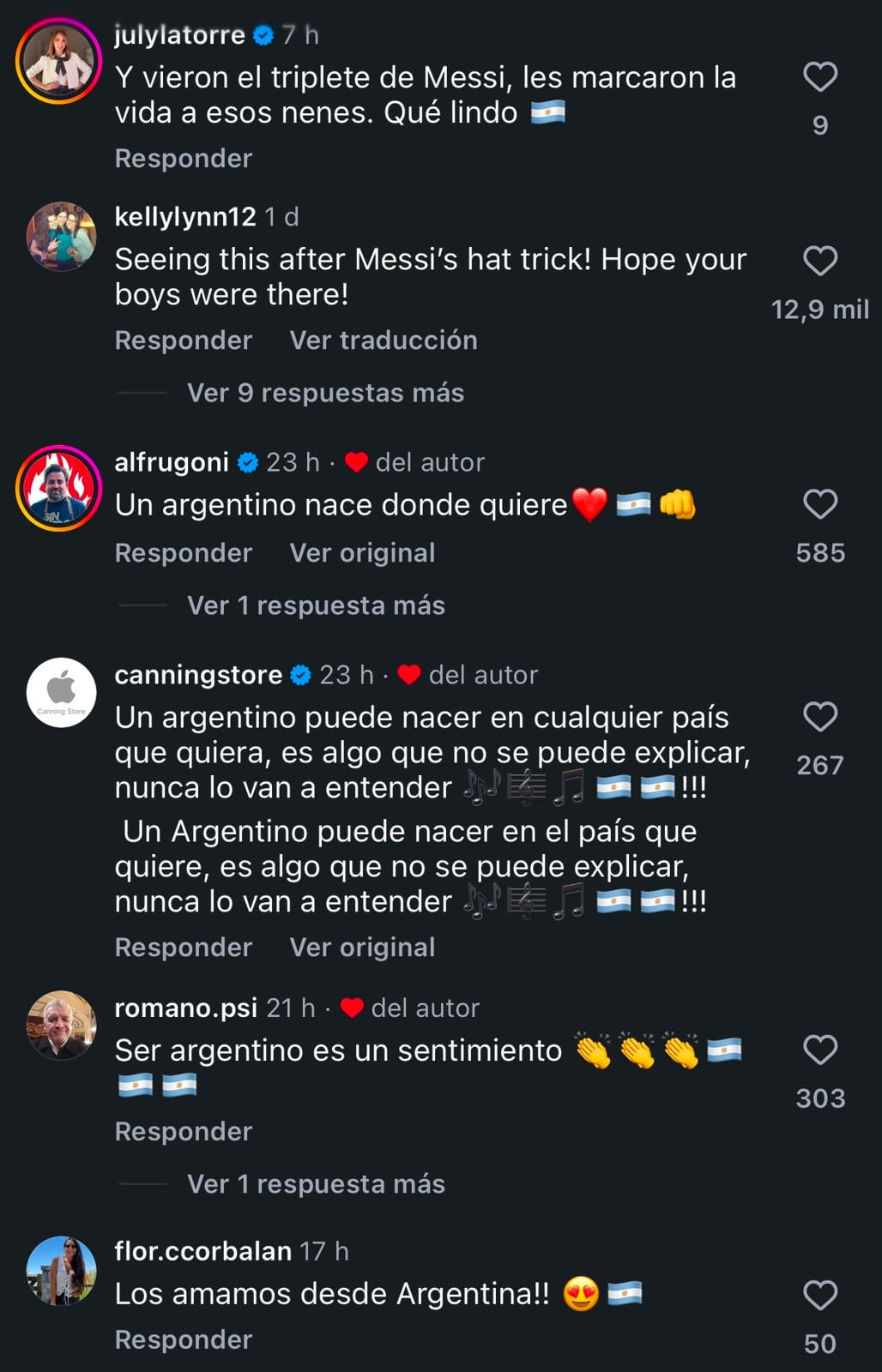 La sección de comentarios de la publicación sobre la reacción de dos niños estadounidenses al recibir entradas para ver a Messi en el Mundial 2026 (ig: @dacygillespie)