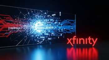 Pantalla digital rota en negro con datos azules y rojos. Texto de contraseñas visible. Logo rojo de Xfinity en el fondo negro, con reflejos de luz neón azul.