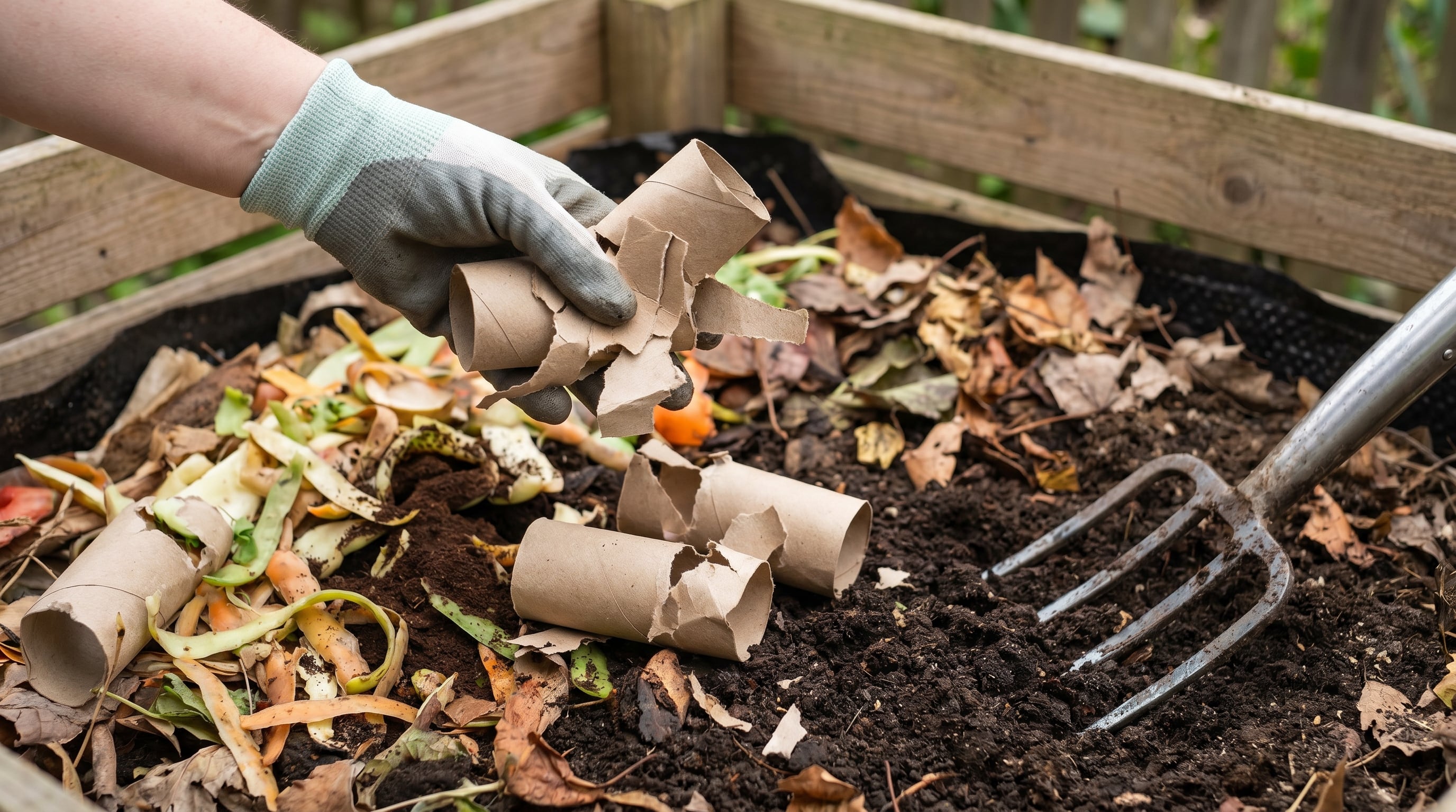 Una mano enguantada añade cartones de papel higiénico troceados a un compostador de madera, mezclándolos con restos orgánicos y hojas secas para crear abono natural. (Imagen Ilustrativa Infobae)