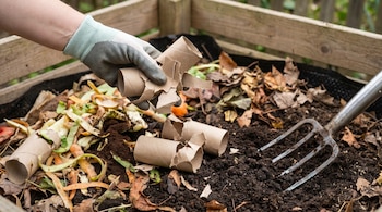 Mano enguantada añade cartones de papel higiénico troceados a un compostador de madera. Se ven restos de comida, hojas secas y un tenedor de jardinería.