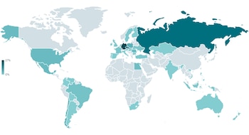 Mapa mundial sombreado en diferentes tonos de teal, indicando la distribución de un porcentaje por país, con una leyenda que muestra un rango de 0% a 27%