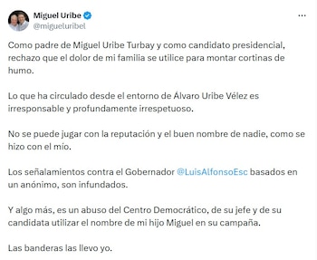 Miguel Uribe Londoño sobre el gobernador de Nariño y el Centro Democrático - crédito @migueluribel/X
