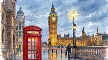 Pintura acuarela de la Elizabeth Tower (Big Ben), el Palacio de Westminster y una cabina telefónica roja en Londres. Una farola iluminada y una persona de espaldas completan la escena bajo un cielo nublado.