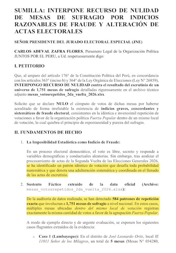 Documento oficial en español interponiendo recurso de nulidad de mesas de sufragio por fraude electoral. Título 'SUMILLA: INTERPONE RECURSO DE NULIDAD...'