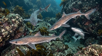 Cuatro tiburones espinosos nadan en distintas direcciones sobre un lecho de rocas oscuras, anémonas y algas.