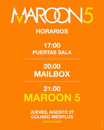 La apertura de puertas en el Coliseo Medplus será a las 5:00 p. m., con Mailbox a las 8:00 p. m. y Maroon 5 a las 9:00 p. m. - crédito Páramo Presenta