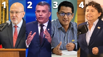 Imagen horizontal dividida en cuatro, mostrando a los candidatos políticos Carlos Bruce, Daniel Urresti, Hernán Sifuentes y Susel Paredes.