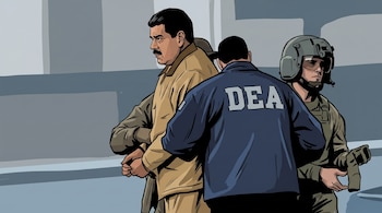 Ilustración de un hombre con bigote y chaqueta beige siendo escoltado por dos agentes. Uno lleva una chaqueta azul con 'DEA' y el otro un casco militar.