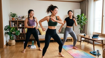 Tres mujeres con ropa deportiva realizan ejercicios en una sala de estar junto a una esterilla de yoga y una tableta sobre una mesa.