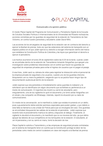 Plaza Capital denunció la retención e intimidación del periodista Julián David Niño en la estación San Victorino de TransMilenio - crédito @PlazaCapital/X