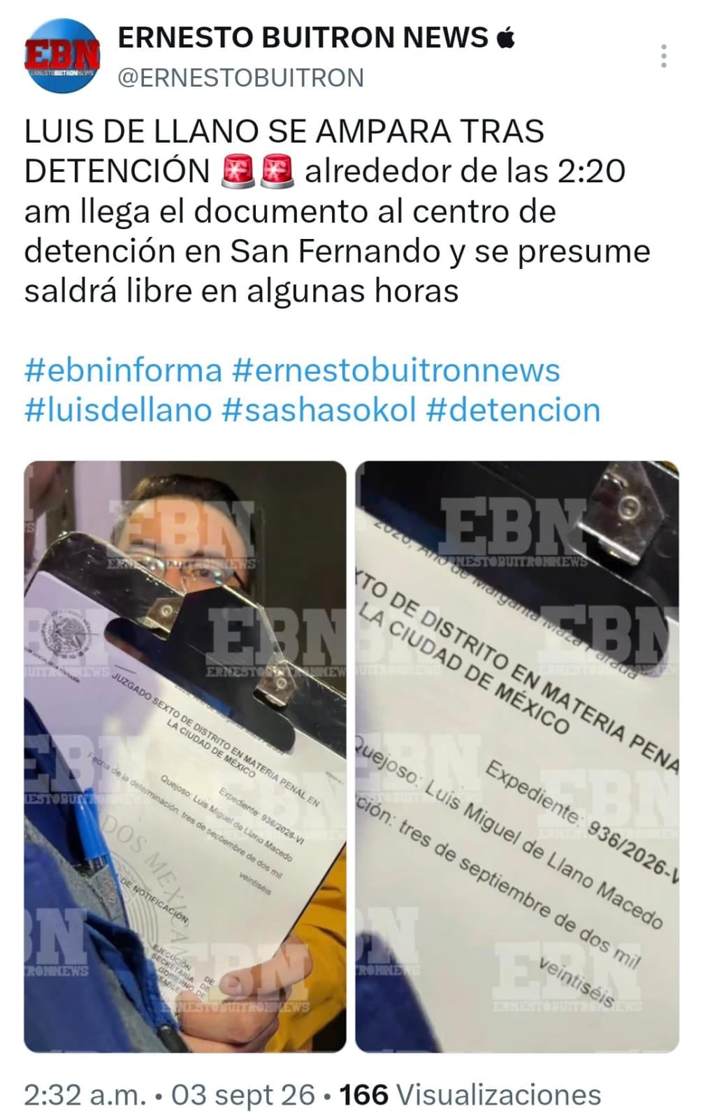 Un documento del Juzgado Sexto de Distrito en Materia Penal registra la solicitud de amparo presentada por Luis Miguel de Llano Macedo en Ciudad de México. (X: Ernesto Buitrón)