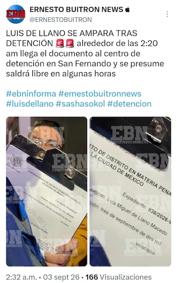 Captura de pantalla de una publicación en redes sociales con un documento judicial a nombre de Luis Miguel de Llano Macedo