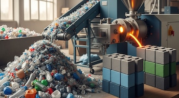 Máquina de reciclaje convierte residuos plásticos triturados en una corriente fundida que forma ladrillos modulares grises, azules y verdes, apilados en primer plano.