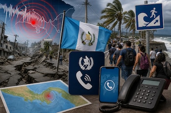 Composición con bandera de Guatemala, mapa de Panamá con epicentro, teléfono, señal de evacuación por tsunami y grietas en la calle.
