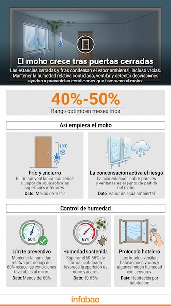 Infografía sobre el moho con ilustraciones de un dormitorio, termómetros, ventanas con condensación, medidores de humedad y ventilación.