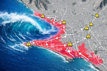 Mapa de zona costera y ciudad con una ola, áreas de riesgo en rojo, rutas de evacuación con flechas y puntos de refugio con iconos triangulares amarillos.