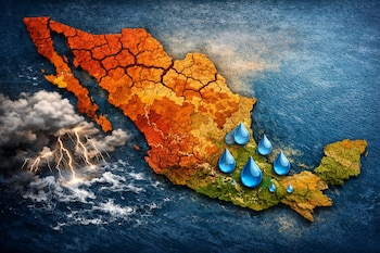 Mapa de México con el norte en tonos rojos y agrietado, representando sequía; el sur verde con gotas de agua azules; nubes y relámpagos sobre el Pacífico.