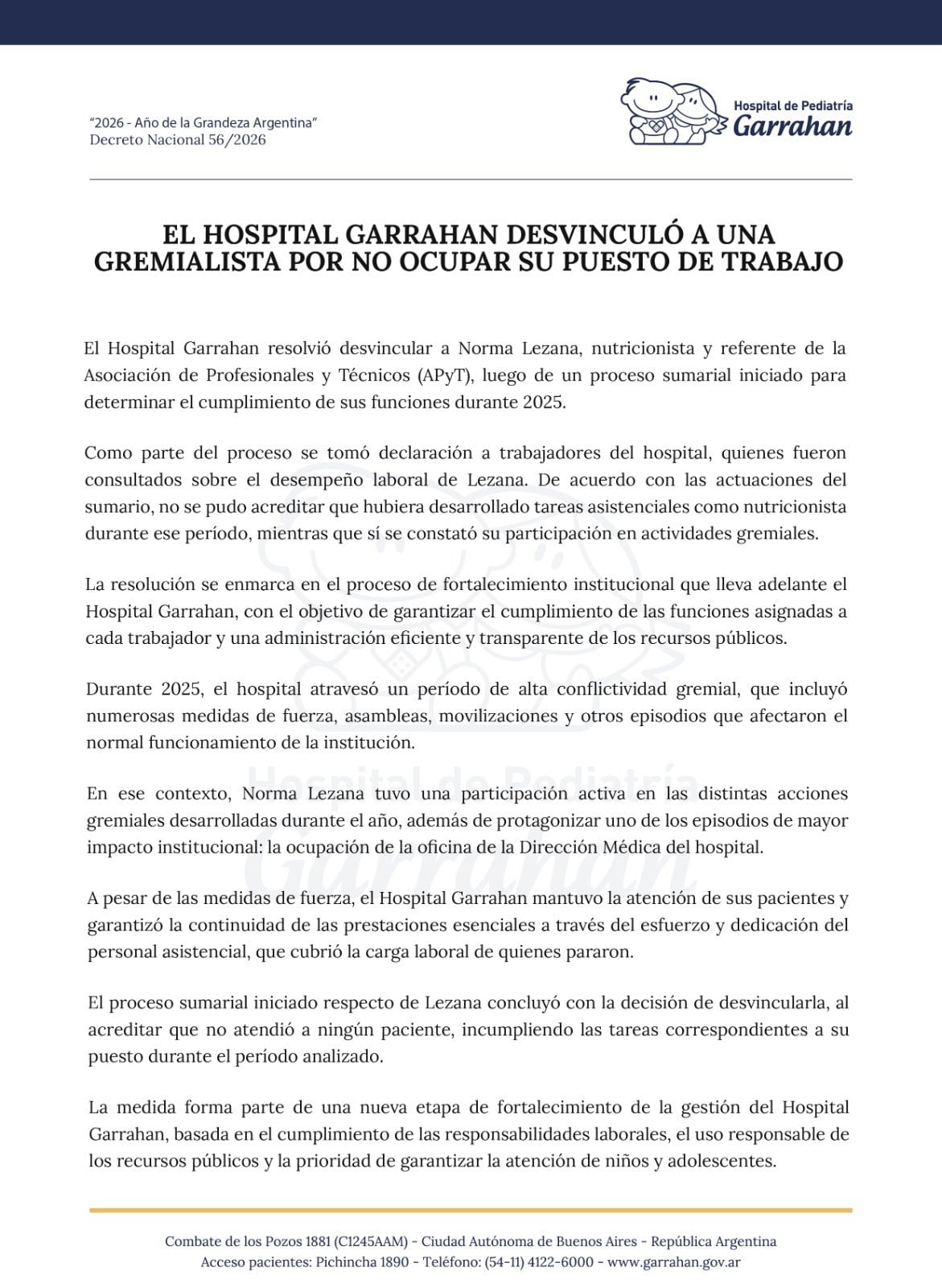 El comunicado del Hospital Garrahan