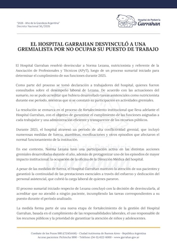 El Hospital Garrahan desvinculó a la gremialista Norma Lezana por "no ocupar su puesto de trabajo"