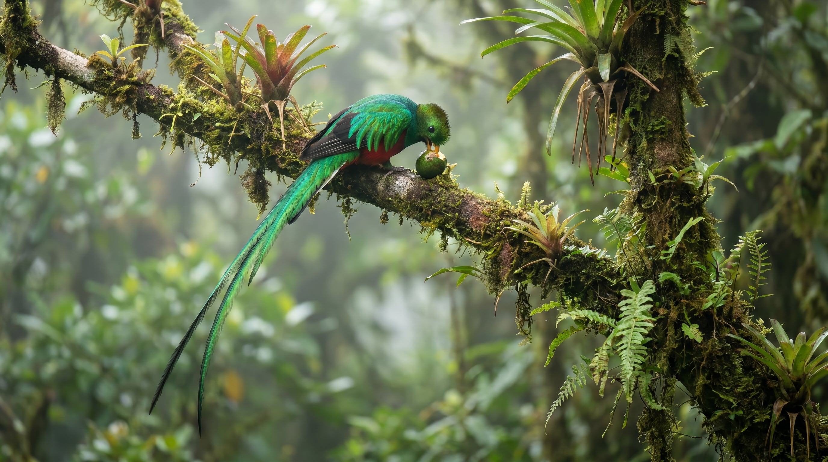 Un quetzal resplandeciente con su vibrante plumaje verde y rojo se posa en una rama cubierta de musgo, alimentándose de una baya en un bosque nuboso centroamericano. (Imagen Ilustrativa Infobae)