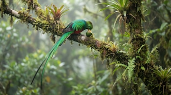 Un quetzal resplandeciente verde y rojo con largas plumas de cola, picotea una fruta verde en una rama gruesa cubierta de musgo en un bosque nuboso.
