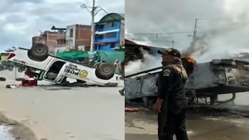 Imagen dividida: a la izquierda, una camioneta policial blanca volcada; a la derecha, un vehículo quemado con humo y un agente de la PNP observando el sitio