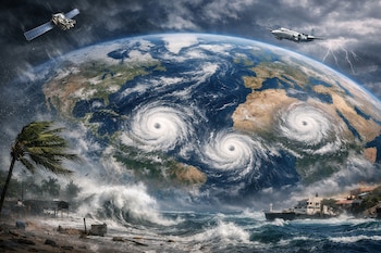 La Tierra desde el espacio con tres huracanes, un satélite y un avión. En primer plano, una costa con palmeras inclinadas, grandes olas, edificios y un barco.