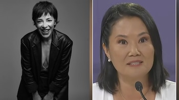 Izquierda: Retrato en blanco y negro de Tatiana Astengo sonriendo con chaqueta de cuero. Derecha: Keiko Fujimori hablando ante un micrófono