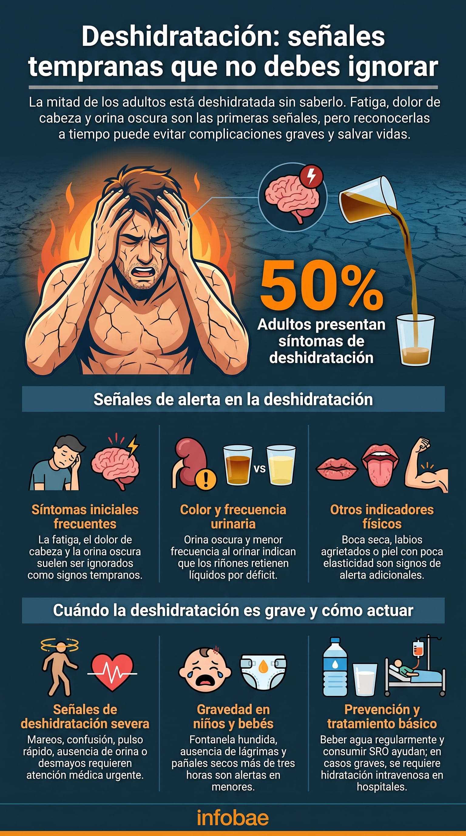 La infografía detalla las señales tempranas de deshidratación, indicando que el 50% de los adultos polacos presenta síntomas, según el estudio de Nutrients, y ofreciendo pautas de prevención y tratamiento. (Imagen Ilustrativa Infobae)