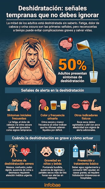 Infografía de Infobae con hombre angustiado, cerebro, orina oscura y clara, riñones, labios agrietados, persona mareada, corazón, bebé y escena hospitalaria.