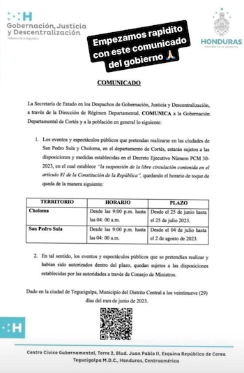 El cantante compartió el comunicado que amplía el horario de toque de queda en algunas localidades de Honduras. (captura)
