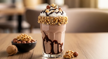 Batido de chocolate con nuez y avellana en vaso transparente, con crema batida, sirope y frutos secos. Cuenco con nueces y avellanas en mesa de madera.