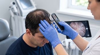 Una doctora con guantes azules examina el cuero cabelludo de un hombre con un dermatoscopio digital; una tableta muestra la imagen ampliada del cabello.