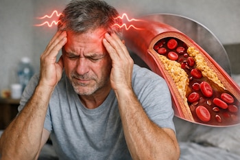 Hombre con intenso dolor de cabeza sujetándose las sienes, con ondas rojas en la frente, junto a ilustración de arteria con placa de colesterol y glóbulos.