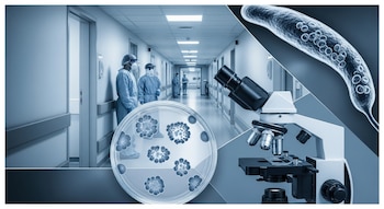 Collage con pasillo hospitalario, personal médico con trajes de protección, una placa de Petri con colonias de levaduras, un microscopio y una ilustración de Candida auris.